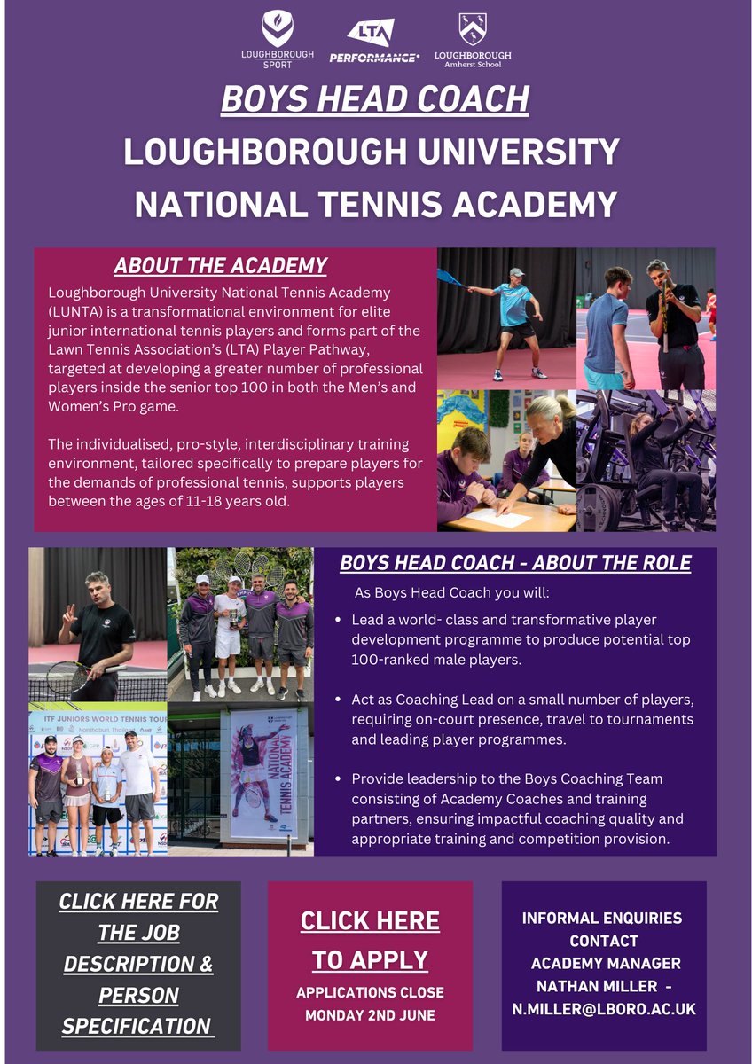 🟣 W E A R E H I R I N G ! ! 🟣

Want to work in a transformational environment contributing to the development of elite junior international tennis players?

We're looking for an Academy Boys Head Coach to join our team!

Click the link for more info:
vacancies.lboro.ac.uk/tlive_webrecru…