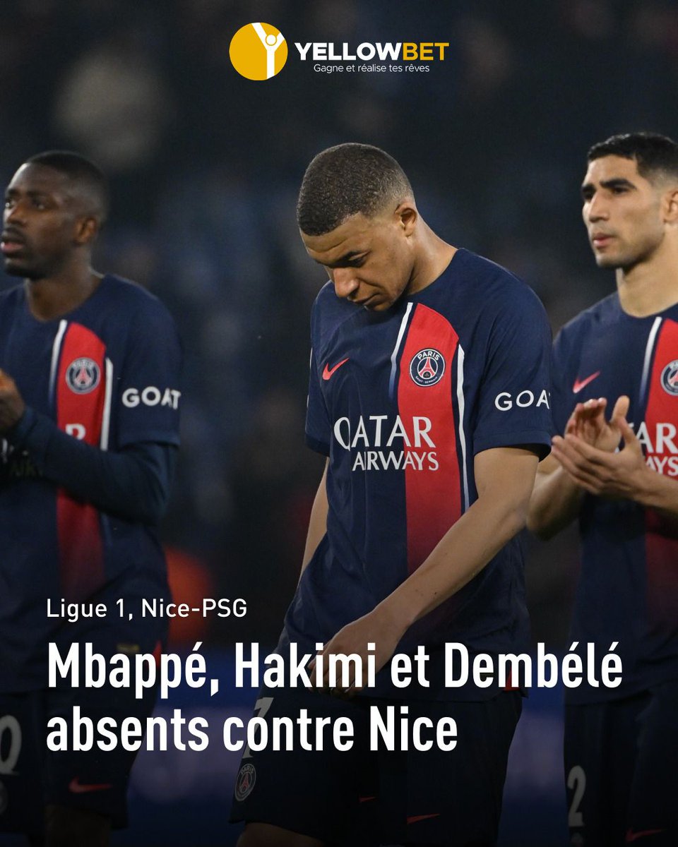 #INFO ! Kylian Mbappé, Ousmane Dembélé et Achraf Hakimi sont absents du groupe du PSG pour le match contre Nice ce mercredi soir en raison de diverses blessures. Mbappé souffre d'une gêne à l'ischio-jambier gauche et restera en soins. #YellowBetCG #PSG #Ligue1 #InjuryUpdate