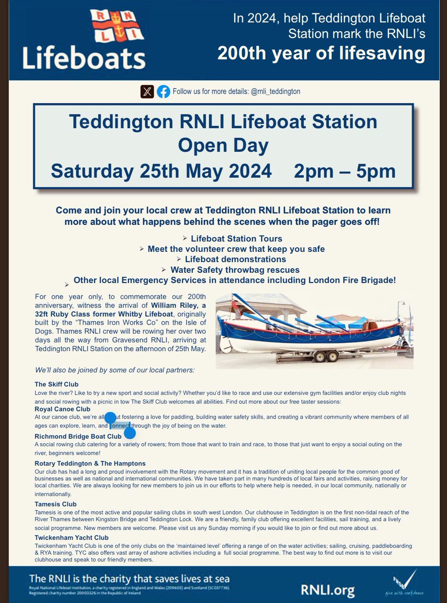 Saturday 25 May Teddington RNLI Lifeboat Station will celebrate the charity’s 200th birthday with an Open Day 2-5 pm & a rare chance to see historical former Whitby lifeboat, the William Riley which 25 crew from the 4 Thames RNLI Stations will row from Gravesend to #Teddington !