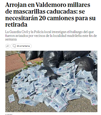 📢📢📢📢📢¡Arrojan en Valdemoro millares de mascarillas caducadas: se necesitarán 20 camiones para su retirada.
@guardiacivil  y @policiademadrid investigan el hallazgo del que fueron avisados por vecinos de la localidad madrileña este fin de semana
elmundo.es/madrid/2024/05…