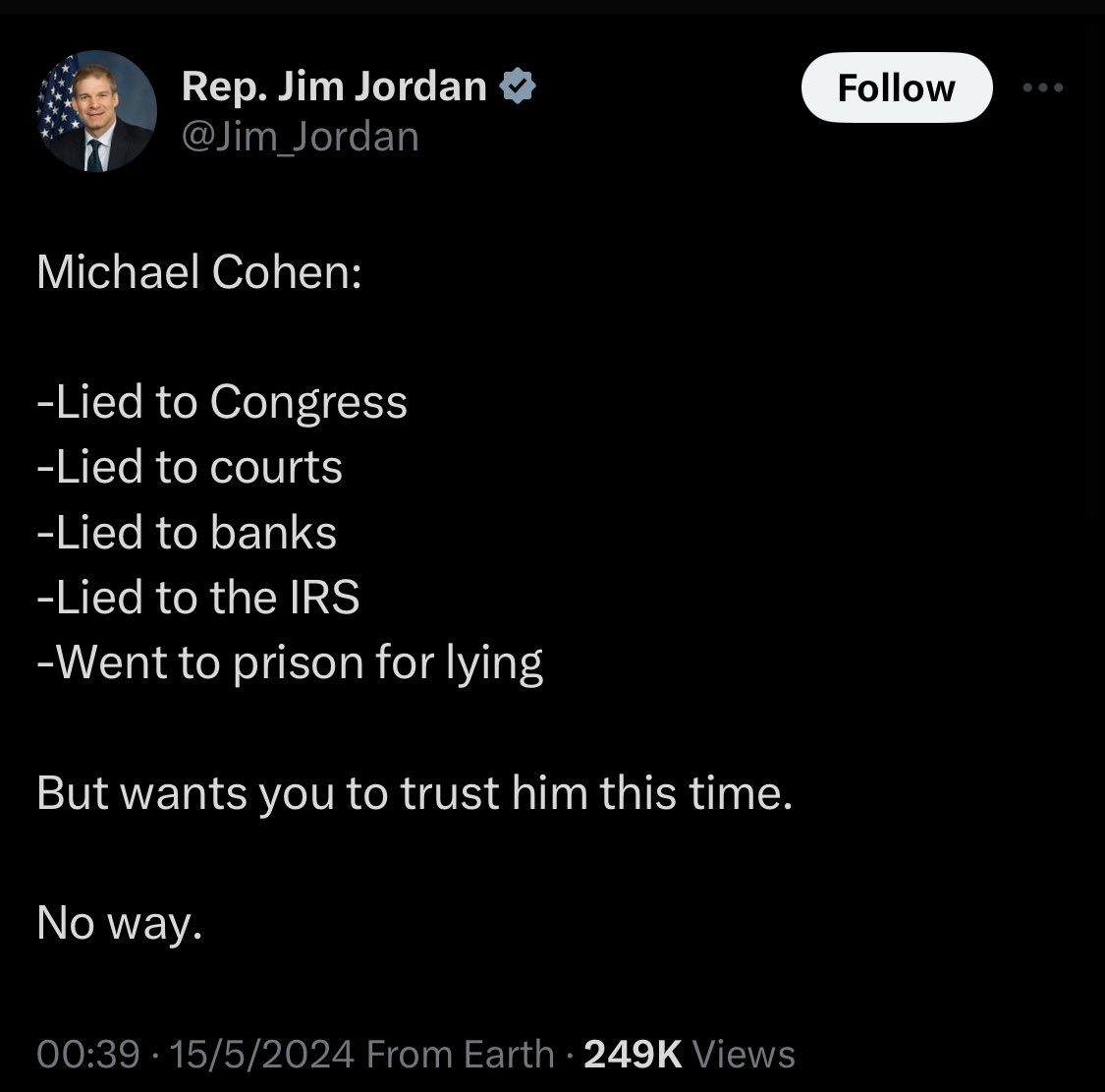 Jim Jordan: -covered up sexual assaults on wrestlers -has never passed a bill in 17 years -lied to congress -ignored a subpoena -spread Russian propaganda -lied about having a whistleblower against Biden -produced a whistleblower but he was Russian spy -Trump’s toady