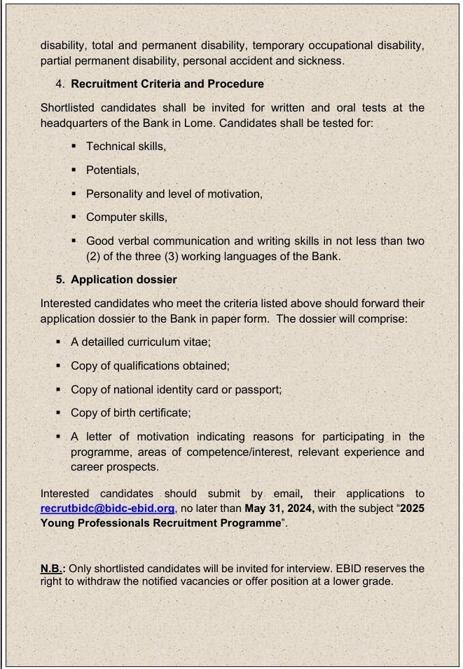 ECOWAS Bank for Investment & Development (EBID) is seeking to recruit ambitious young graduates under 30 from West Africa or the diaspora. 

Check the attached flyer for full details 👇👇👇

Apply by May 31, 2024!