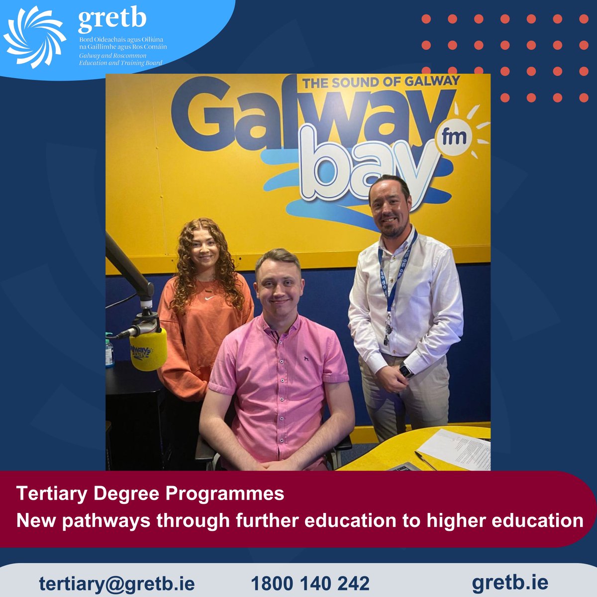 Kate Roche, nursing student and Barry McNally, Guidance Councillor spoke on @gbayfm about access routes into General Nursing through GRETB Tertiary Degrees. You can find the interview on this morning's 9-10am slot, beginning at 24:48 galwaybayfm.ie/listen_back/ga…