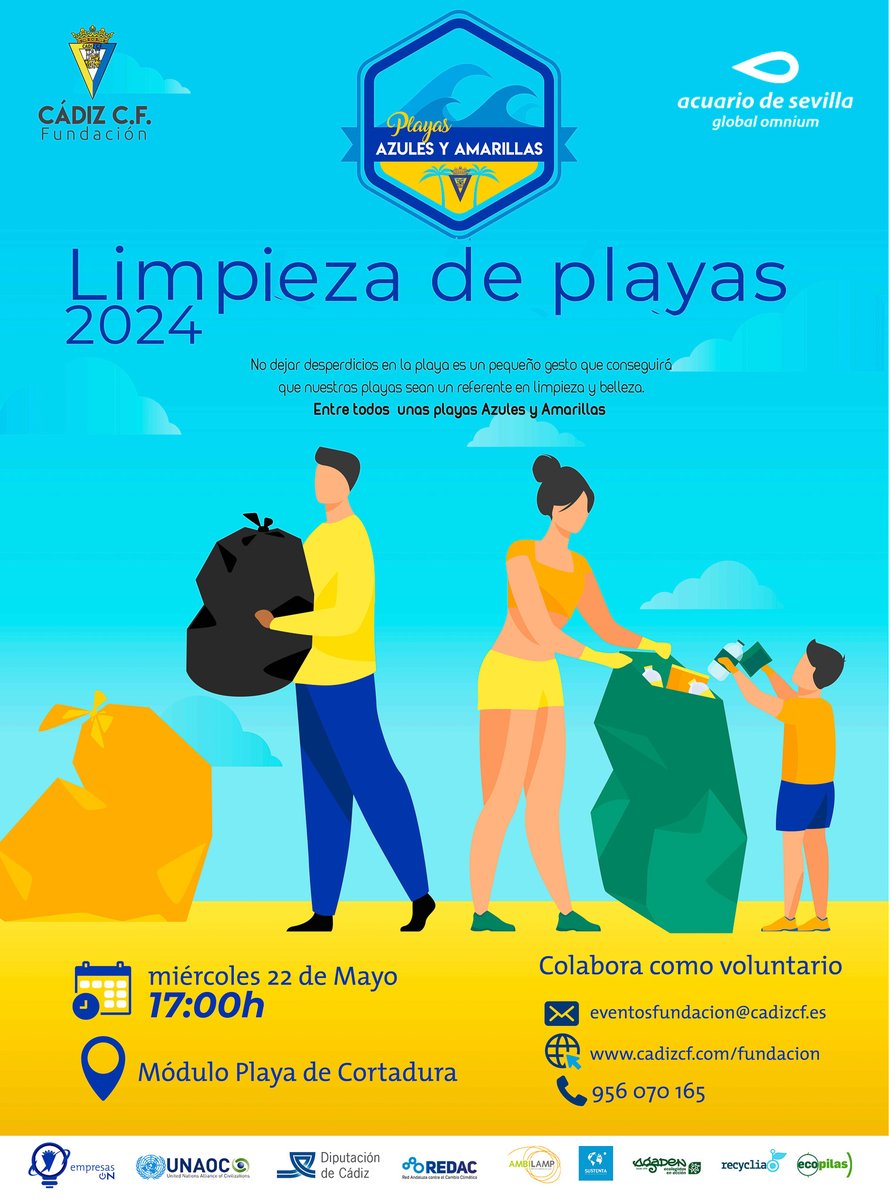 🏖️💛💙 ¡Campaña de limpieza 2024 'Playas Azules y Amarillas'! 🗓️ Miércoles 22 de mayo ⏰ 17:00 a 19:00 h. 🌊 Módulo Playa de Cortadura (Cádiz) ➡️ ¡Inscríbete como voluntario/a en forms.office.com/e/GBbxQg975C! Colabora @AcuarioSevilla 🐟