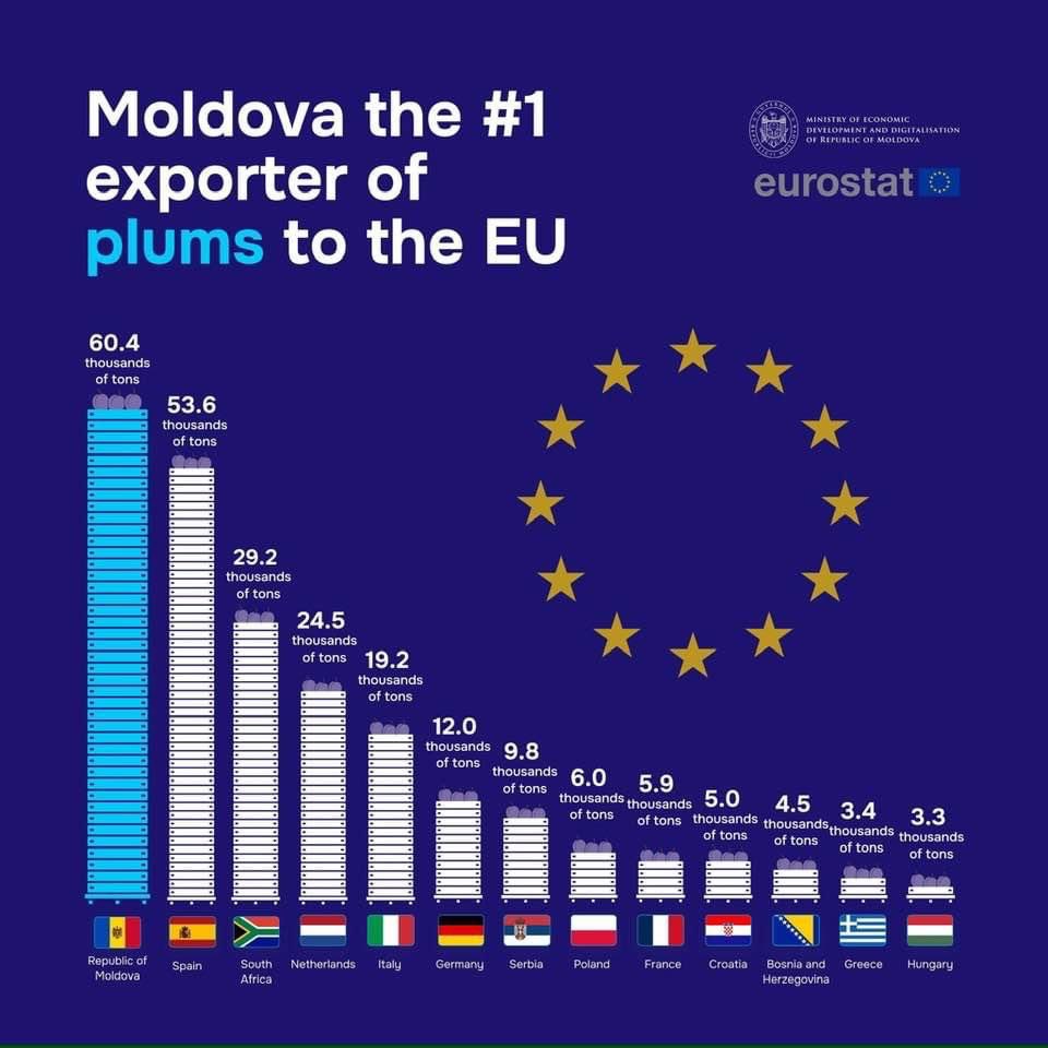 MDAmbEU's tweet photo. Another exemple when numbers are speaking for themselves: Moldova is the No 1 exporter of plums to the EU! https://t.co/uadwxEv8Da