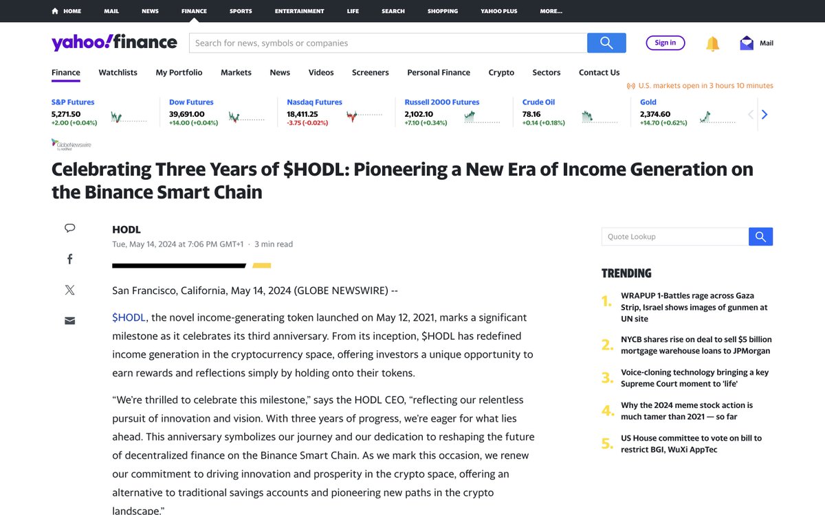 $HODL just got featured in Yahoo! Finance! 🥂

Over the last 3 years, HODL token has become a pioneer in earning rewards whilst holding crypto!

finance.yahoo.com/news/celebrati…

#HODL #HODLcoin #HODLtoken #HODLers #HODLing #BSC #BSCgem #BSCgems #BSCgemAlert #BSCgemAlerts #DeFi #BNB $BNB