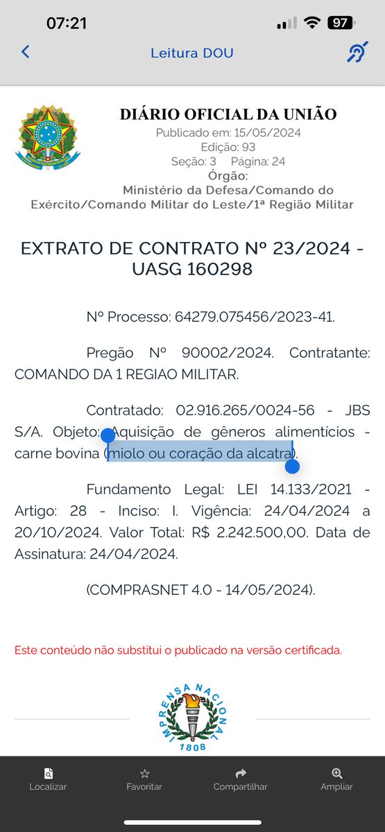 Mais de 2 milhões em miolo ou coração da alcatra para o exército