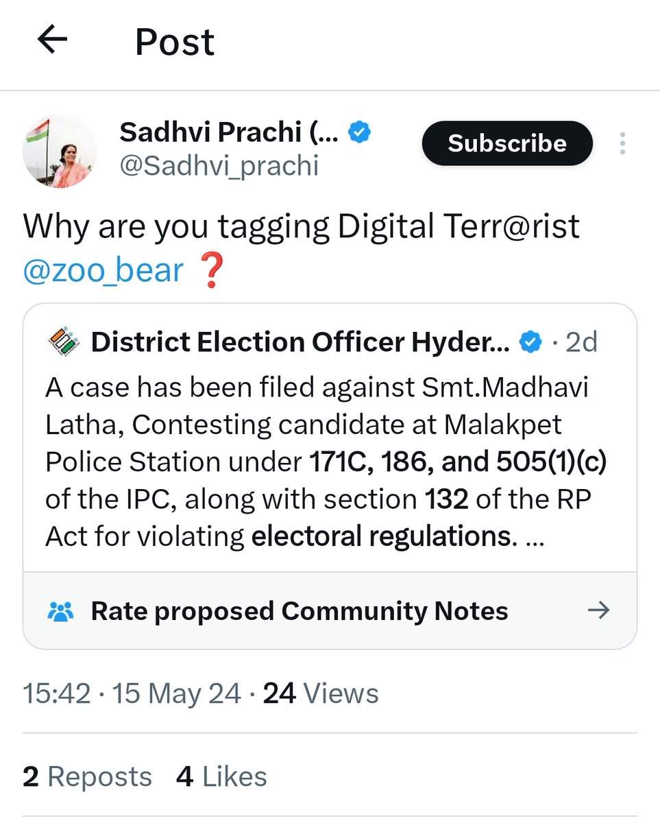 I tagged CEO Telangana requesting them to take action against Madhavi Latha for bullying Muslim Women voters inside the polling booth. Taking cognizance of the video, the District Officer filed an FIR against her and later tagged my handle. And Now Right Wing abusive trolls are