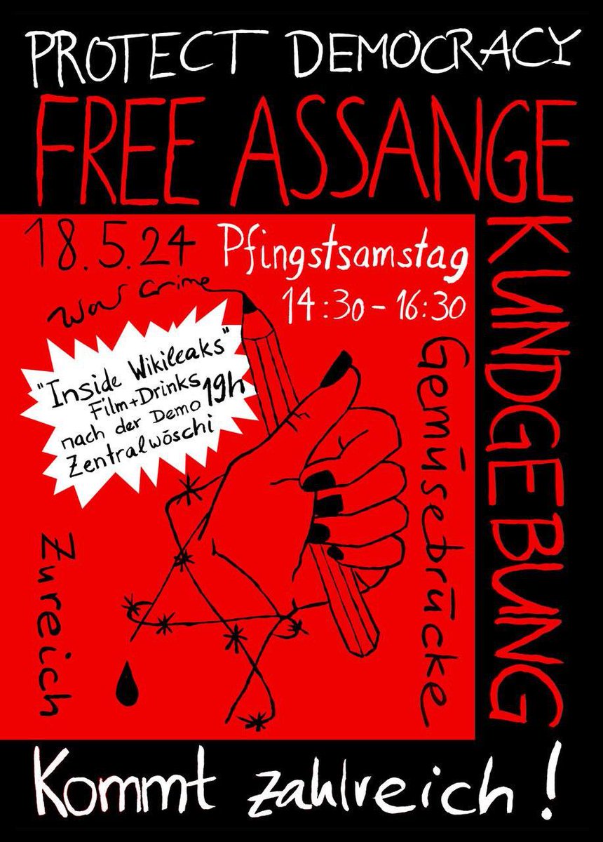 📢 #SaveTheDate:

#FreeAssange demonstration in #Zurich, this Sat (May 18th).

The stationary protest is registered at the police @StadtpolizeiZH, so all things legal! 🧑‍⚖️👮