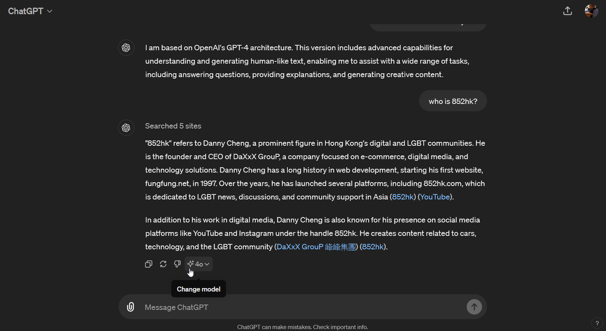 DannyCheng's tweet image. Thank you ChatGPT-4o, i know you are smart~
You can also try to search "who is 852hk?"

#ChatGPT4o