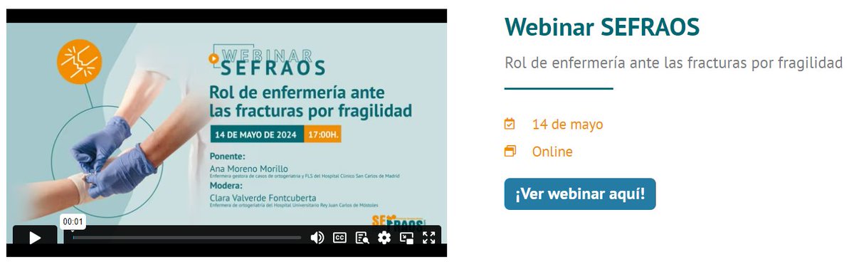 🔶¡BUENAS NOTICIAS!🔶

El webinar que celebramos ayer, "Rol de enfermería ante las fracturas por fragilidad", ya está disponible en nuestra página web.

Acceso abierto aquí👉🏻 sefraos.es/webinar-14-de-…