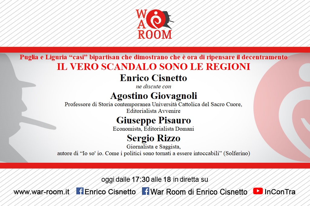 #Puglia e #Liguria “casi” bipartisan che dimostrano che è ora di ripensare il #decentramento IL VERO SCANDALO SONO LE #REGIONI @ecisnetto con Agostino Giovagnoli, Prof Storia contemporanea Uni Cattolica, @GiuseppePisaur1 , Economista, e Sergio Rizzo, Io so' io @solferinolibri