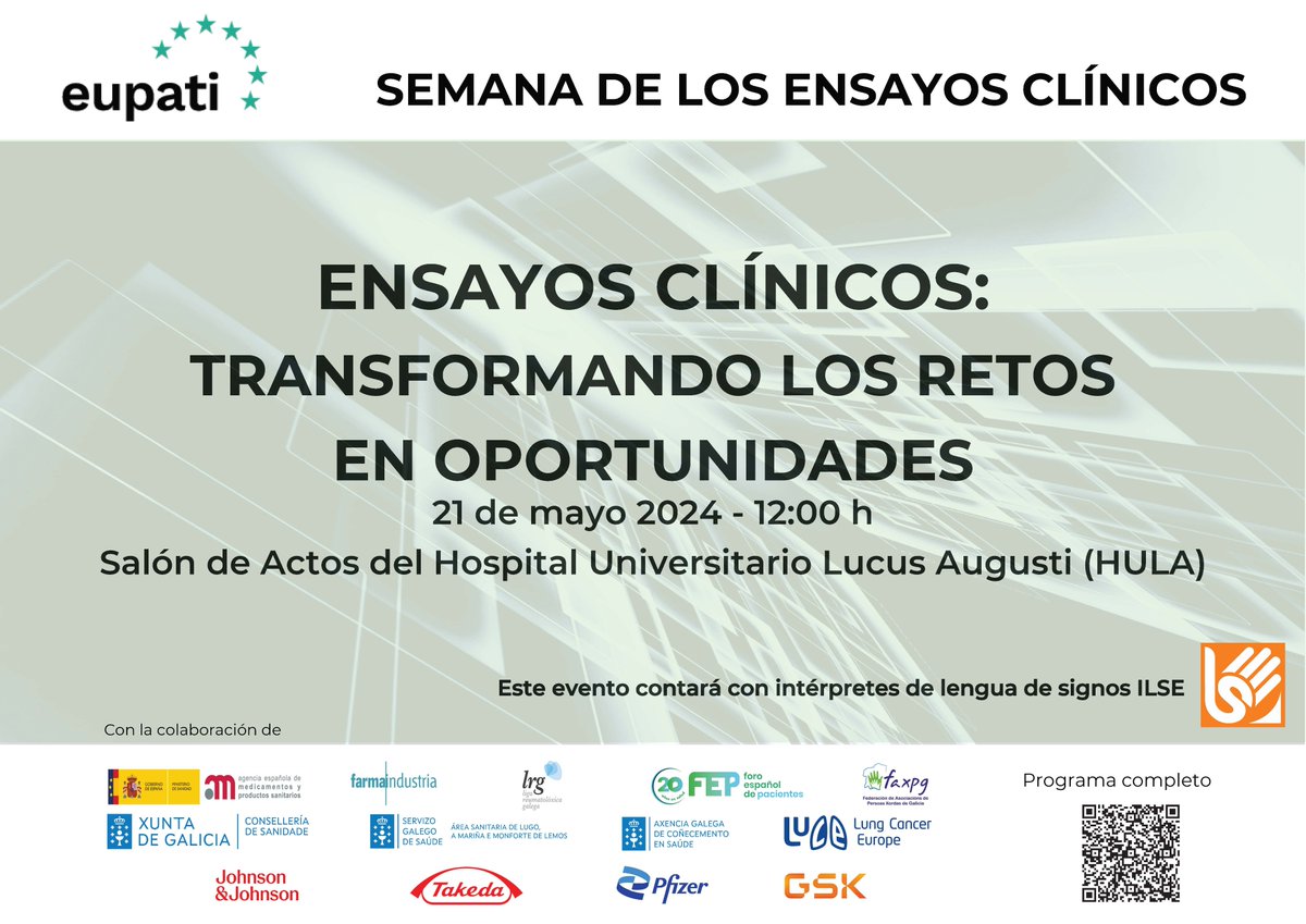 🚨No te pierdas nuestra Jornada 'Ensayos Clínicos: Transformando retos en oportunidades' el 21 de mayo. 👉Inscríbete ya desde forms.gle/QCTXWTdHnMsPeU… 📲Accede al programa completo desde el Código QR de la imagen #InvestigaciónMédica #SemanaEnsayosClínicos #Salud #Innovación