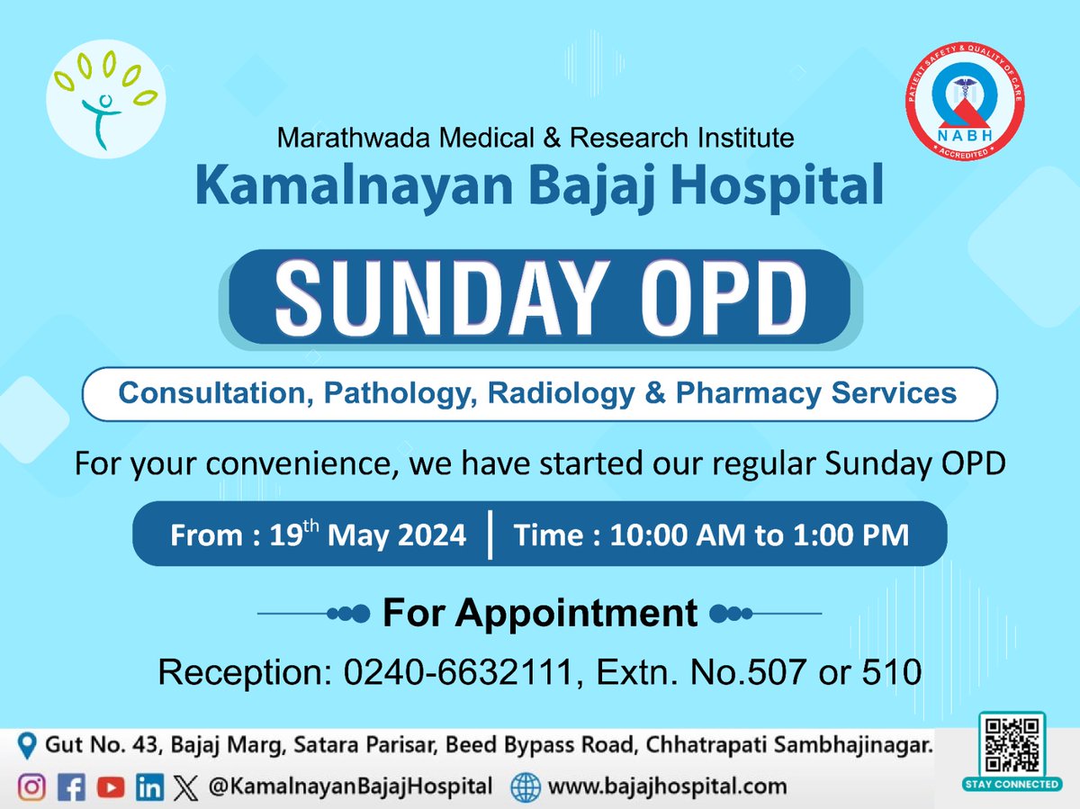 🌟Exciting News! Sunday OPD Now Open Regularly! Kamalnayan Bajaj Hospital is delighted to announce the regular Sunday OPD services, starting from May 19th, 2024! 📞For Appointments: Call Reception at 0240-6632111, Extension No.507 or 510 Book your appointment now! #SundayOPD