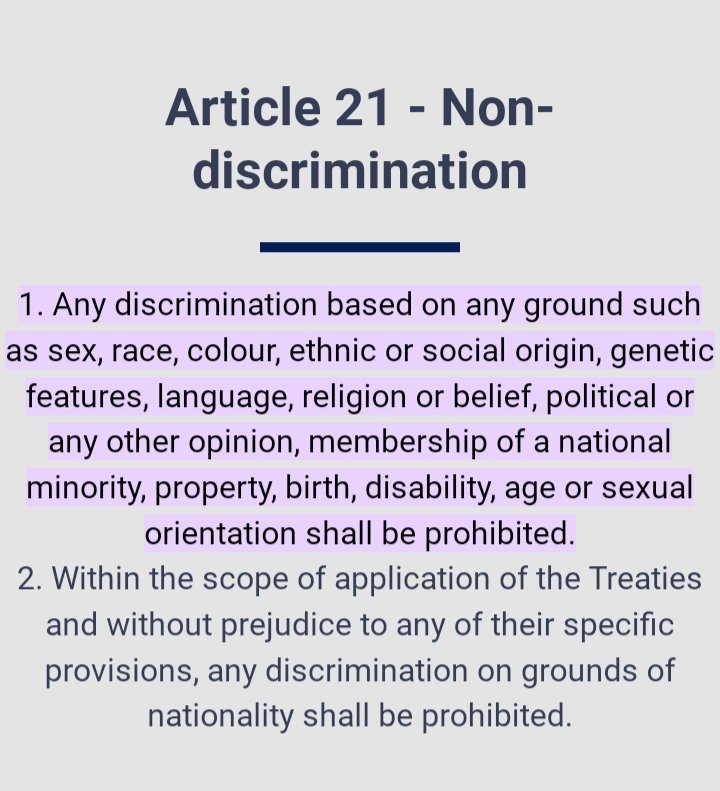 @PrinsesChrissie volgens artikel 21 van het EU-Handvest van de grondrechten is het verboden te discrimineren op basis van etnische achtergrond of religie. Ik gebruik dit altijd als excuus om niet in politieke discussies te gaan in een omgeving waar ik onder gezag sta