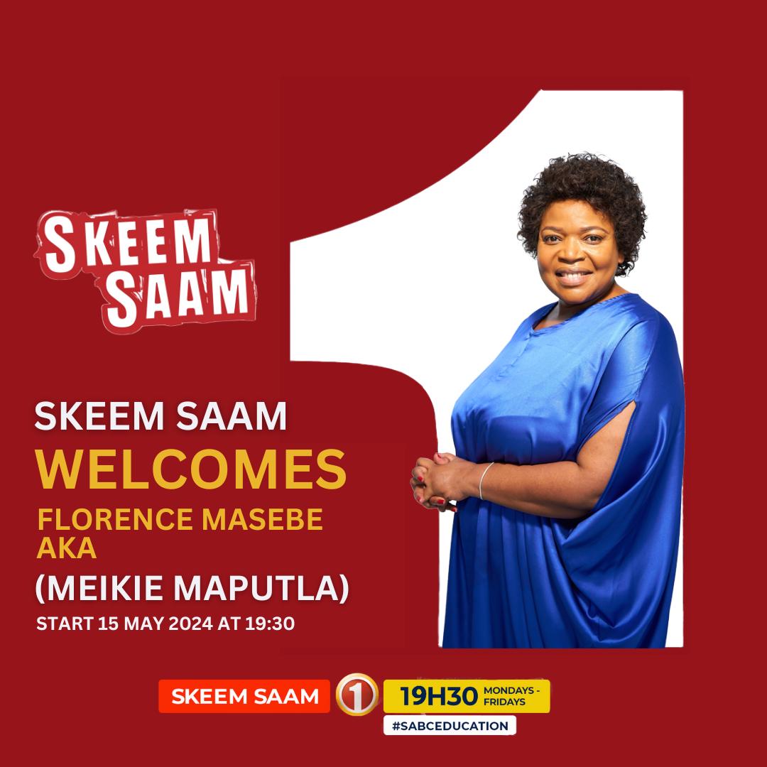 Reminder!

Florence Masebe will make her on-screen debut as Meikie Maputla tonight on @SkeemSaam3. Florence assumes the role of Meikie on an interim basis until the end of season 12.

#SABC1AngekeBaskhone #SkeemSaam
