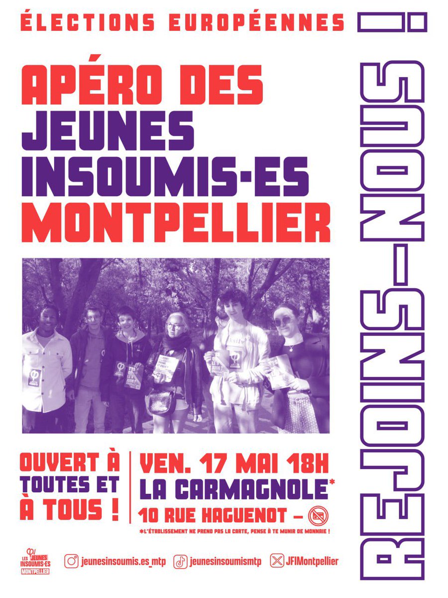 ⏳J-2 ! Le 17 mai à la Carmagnole, apéro des jeunes insoumis•es de Montpellier Venez nombreux et nombreuses ⌚️RDV vendredi 17 mai à 18h 📍La Carmagnole - 10 rue Haguenot - Montpellier