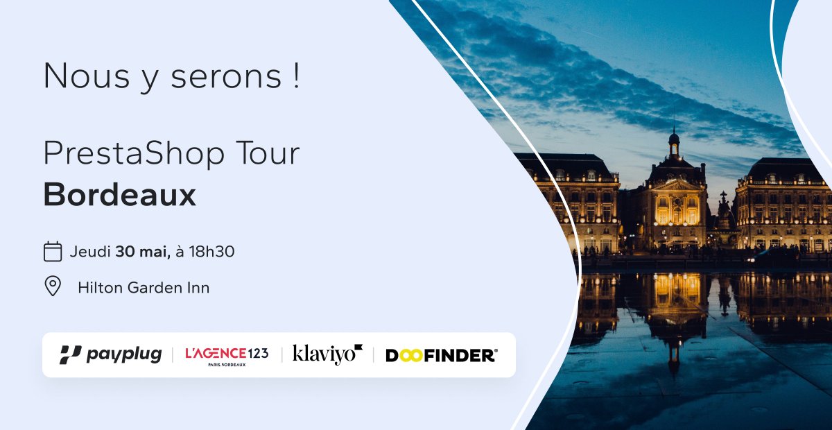 🔥 Rendez-vous au PrestaShop Tour #Bordeaux !
Ce jeudi 30 mai à partir de 18h30 au Hilton Garden, venez échanger avec vos pairs et découvrez les meilleures astuces de Payplug, @Prestashop, <a href="/lagence123/">l'agence123</a> et <a href="/doofinder/">Doofinder</a> et <a href="/klaviyo/">Klaviyo</a> : events.prestashop.com/prestashop-tou…
#Ecommerce #PrestaShopTour