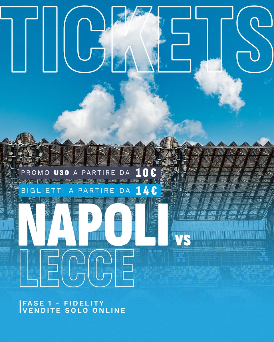 🎟 Napoli vs Lecce
🏟 Stadio Maradona, 38a giornata di Serie A
➡ Fase 1 di vendita solo Online
⚽ Promo U30 disponibile

👉 Qui i biglietti: sscnapoli.ticketone.it/catalog