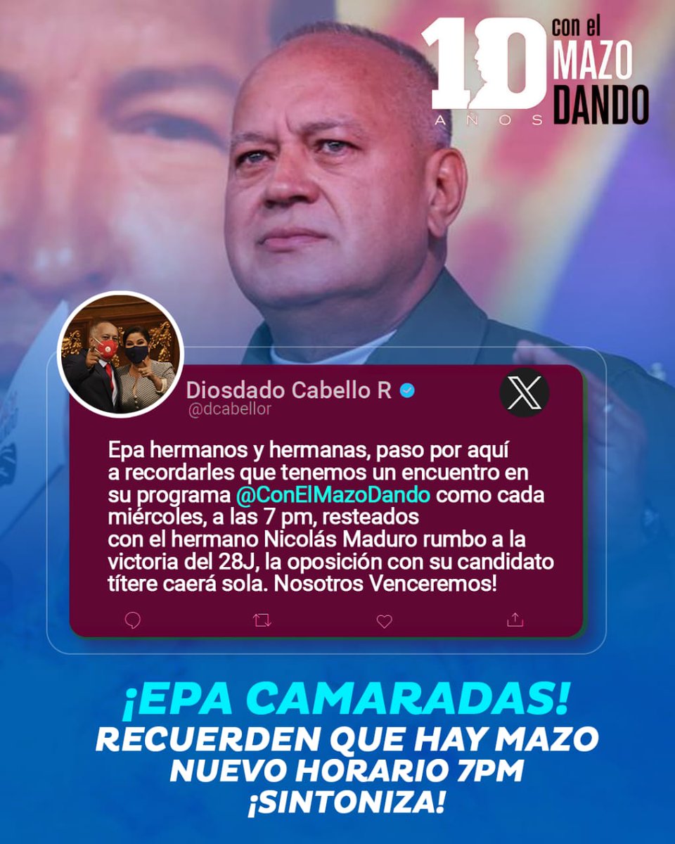 Epa; hoy es miércoles de Mazo. Rrsteados con @NicolasMaduro y preparándonos para la Victoria del 28 de Julio. Unidos Venceremos. @dcabellor @PartidoPSUV @ConElMazoDando