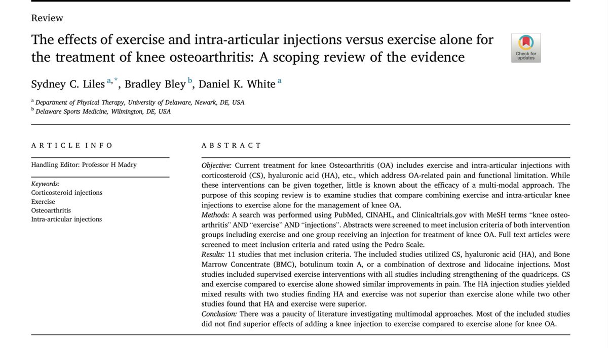 The effects of exercise  intra-articular injections versus exercise alone for the treatment of knee osteoarthritis:A scoping review of the evidence pdf.sciencedirectassets.com/321104/1-s2.0-…
Most studies did not find superior effects of adding a knee injection to exercise compared to exercise alone