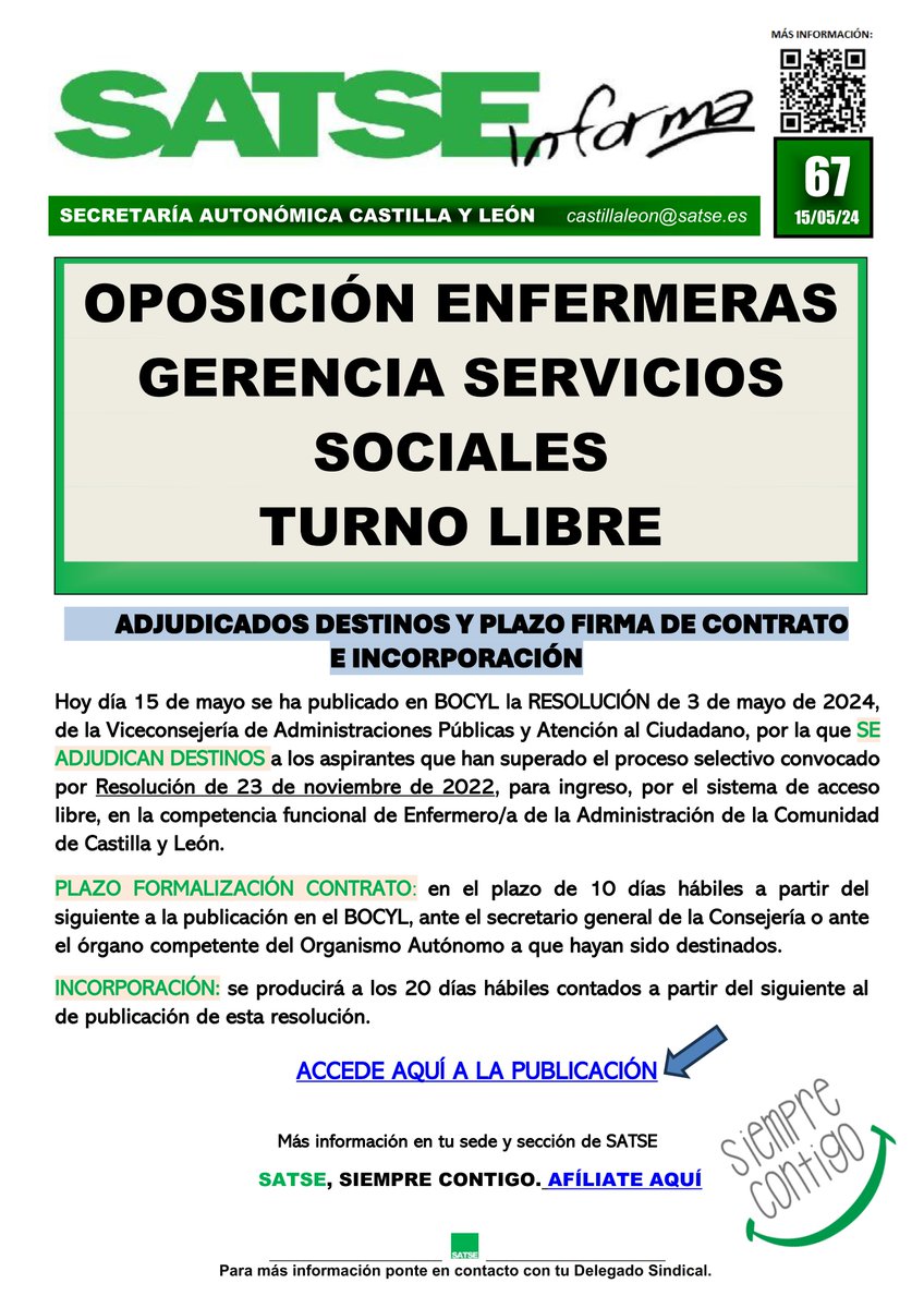 🟢Publicada la adjudicación de destinos de la OPE de #enfermeras de la Gerencia de Servicios Sociales de Castilla y León.
✍️Plazo de formalización de contrato: 10 días hábiles.
🗓 Plazo para incorporación: 20 días hábiles.
ℹ️🔗castillayleon.satse.es/noticias/-/v/6…