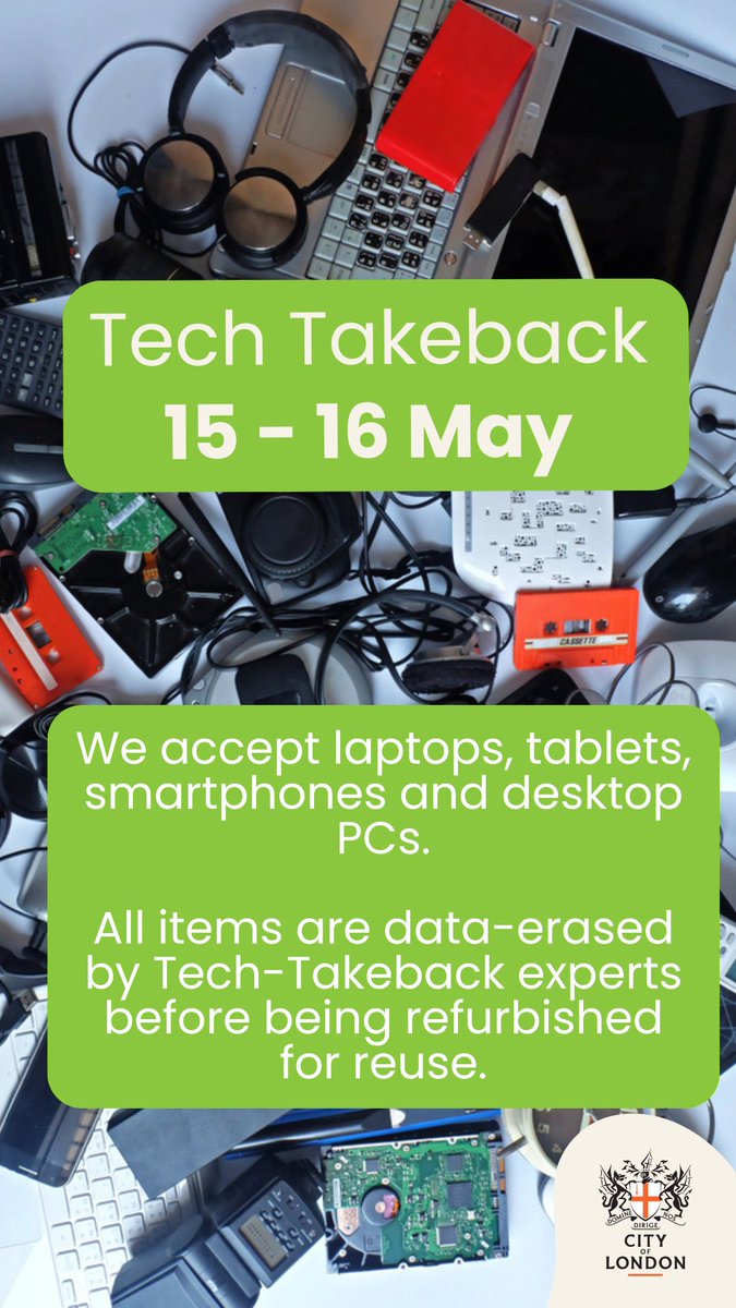 A completely free service for guests to donate their unwanted e-waste safely and securely. @TechTAkeback will offer City workers, visitors, and residents a data erasure service for all donated tech, which will then be reused, recycled, or repurposed.

cityoflondon.gov.uk/events/tech-ta…💻♻️