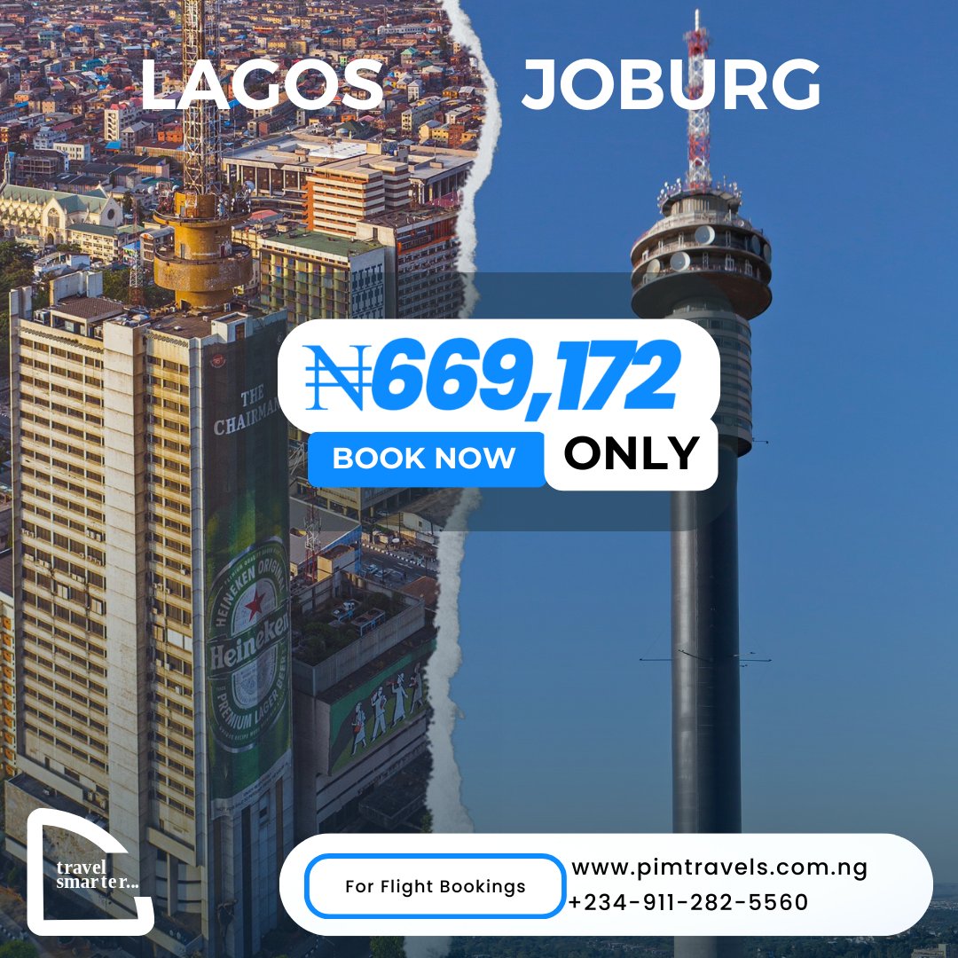 Lagos ➡️ Johannesburg! Book your flight with PIM Travels. Don't miss out - fly soon! #pimtravels #travelsmarter

#cheapflightdeal #CheapFlightDeals #cheapflightdates #cheapflighteurope #cheapflightfare #cheapflightsfares #cheapflightfinds #cheapflightgetaways #cheapflighthome