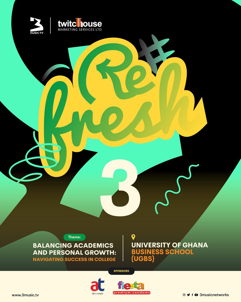 🚨: 3 days until #3MusicRefresh! The anticipation is palpable! Get ready to expand your mind, broaden your horizons, and ignite change. Sponsors: @theatghana | @FiestaCondomsGH | Finsa UGBS Secure your spot today: 3music.tv