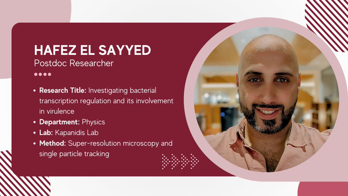 Kavli Institute for Nanoscience Discovery, Oxford (@kavlioxford) on Twitter photo #MeetTheResearcher
Introducing Hafez El Sayyed (<a href="/Hafezelsayyed/">Hafez El Sayyed</a>), from <a href="/AchillesKap/">Achillefs Kapanidis</a>'s lab. Hafez is a postdoc researcher investigating bacterial transcription regulation and its involvement in virulence. #MeetTheResearcher
Introducing Hafez El Sayyed (<a href="/Hafezelsayyed/">Hafez El Sayyed</a>), from <a href="/AchillesKap/">Achillefs Kapanidis</a>'s lab. Hafez is a postdoc researcher investigating bacterial transcription regulation and its involvement in virulence.