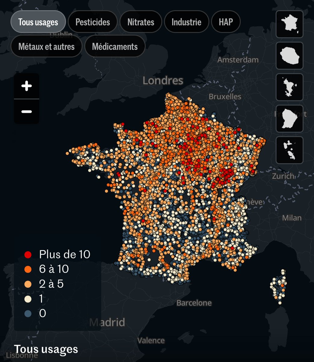 Carte inédite de la pollution des eaux souterraines en France: <a href="/lemondefr/">Le Monde</a> a agrégé les mesures correspondant à 300 contaminants (pesticides, métaux, médicaments) dans 24700 stations de  surveillance <a href="/lemondefr/">Le Monde</a> lemonde.fr/les-decodeurs/…