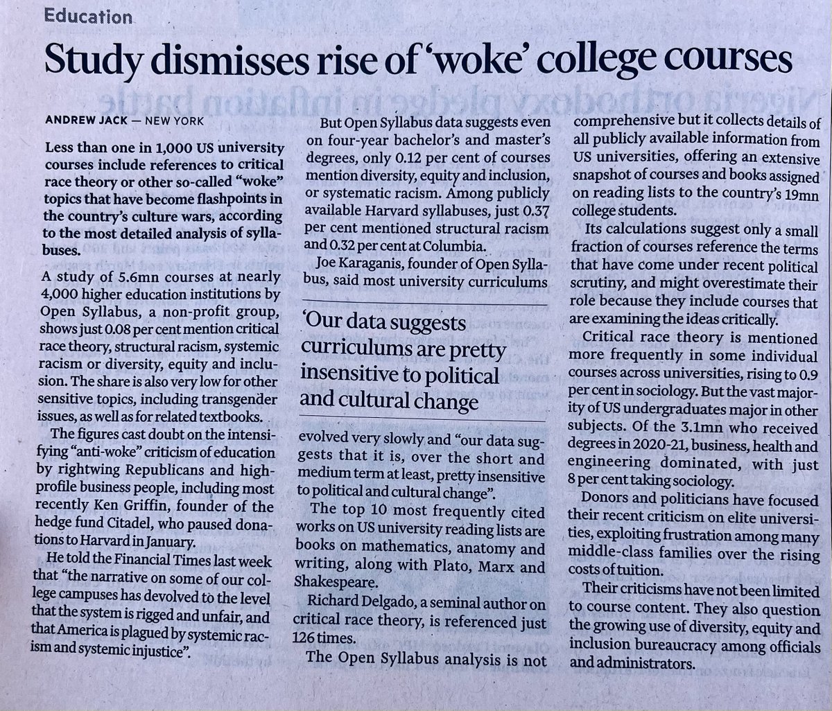 'A study of 5.6mn courses at nearly 4,000 higher education institutions shows just 0.08% mention critical race theory, structural racism, systemic racism or diversity, equity and inclusion.' ft.com/content/0f423c…