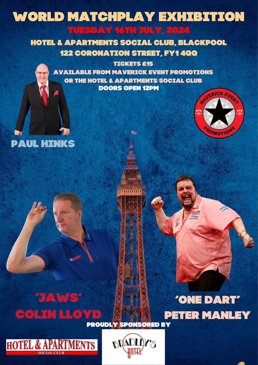 Not long until we hit Blackpool during Matchplay week with @ColinJawsLloyd, @onedart180 and Paul Hinks at the Hotel and Apartments Social Club! A great afternoon of fun darts in store with this line up! Opportunities to play, auction, photos. #blackpool #worldmatchplay #darts