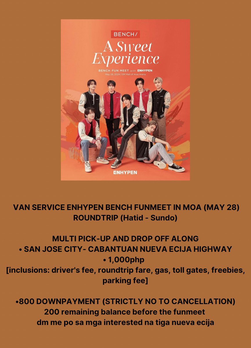 INCH CHECK ‼️ 

🚗 CARPOOL/VANPOOL SHUTTLE SERVICE FOR THE ENHYPEN BENCH FUNMEET IN MOA!!  

📍SAN JOSE CITY TO CABANATUAN

2 SLOTS STILL AVAIL ‼️‼️

#ASweetExperienceWithBENCH #BENCHandENHYPEN #GlobalBENCHSetter #ENHYPEN