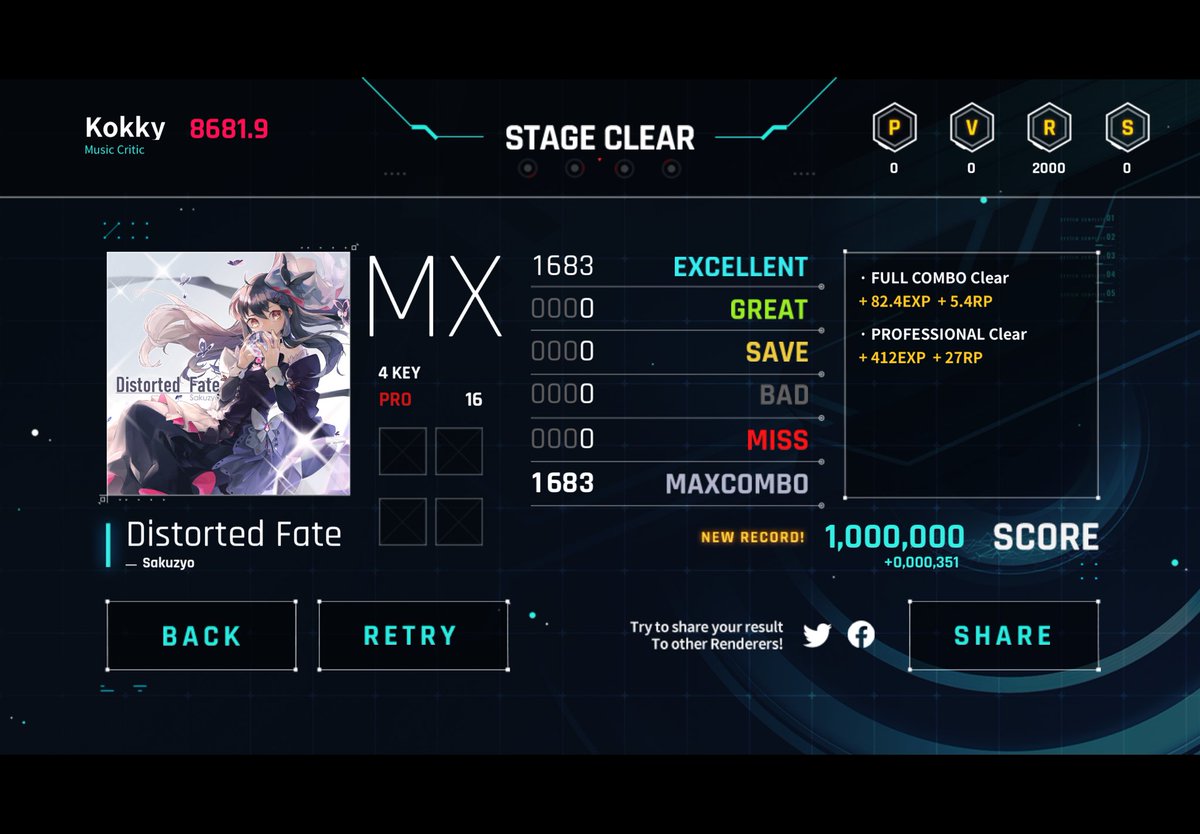 I Played [Distorted Fate/PROFESSIONAL] on OverRapid / score : [1000000] / NewRecord : [+351] #OverRapid