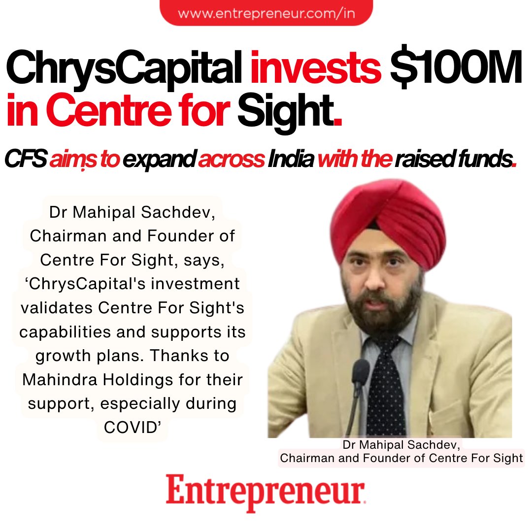 Private Equity Fund ChrysCapital Invests up to USD 100 Mn in Centre for Sight (@CentreforSight)

Read: ow.ly/tgc750RGOwc 

#IndiaHealthcare  #InvestInIndia #HealthcareExpansion #VisionCare #HealthcareInvestment #EyeCareIndia #CentreForSight #ChrysCapital