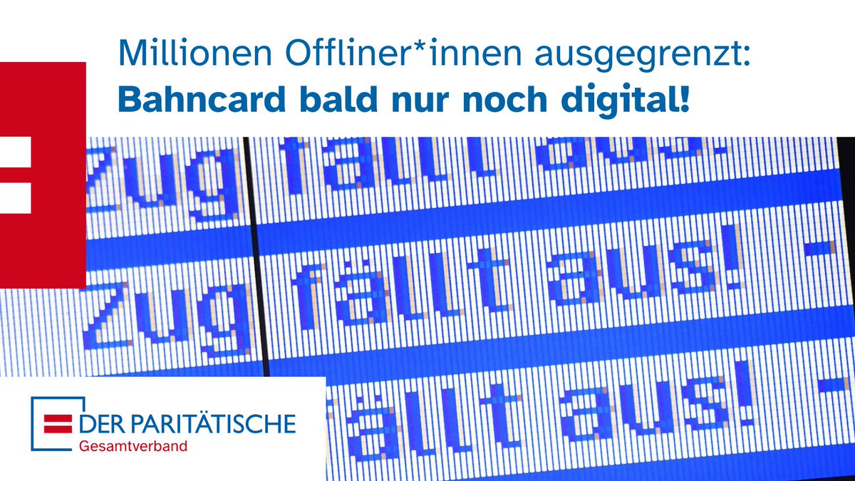 Mehr als 3 Millionen in 🇩🇪 sind nicht im Internet, besonders Ältere. Gemeinsam mit vielen anderen fordern wir von <a href="/DB_Bahn/">Deutsche Bahn Personenverkehr</a>, die Bahncard auch ihnen zugänglich zu machen! Mobilität ist gesellschaftliche Teilhabe und muss allen offen stehen.
👉 der-paritaetische.de/alle-meldungen…
<a href="/DB_Presse/">Deutsche Bahn AG</a>