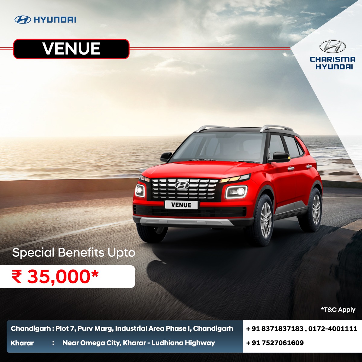 Get ready to turn heads with its sleek design and enjoy every journey with its advanced features. Whether it's cruising through the city streets or embarking on a weekend adventure, the Hyundai Venue has got you covered.
For more details, call - +91 8371837183, 0172-4001111