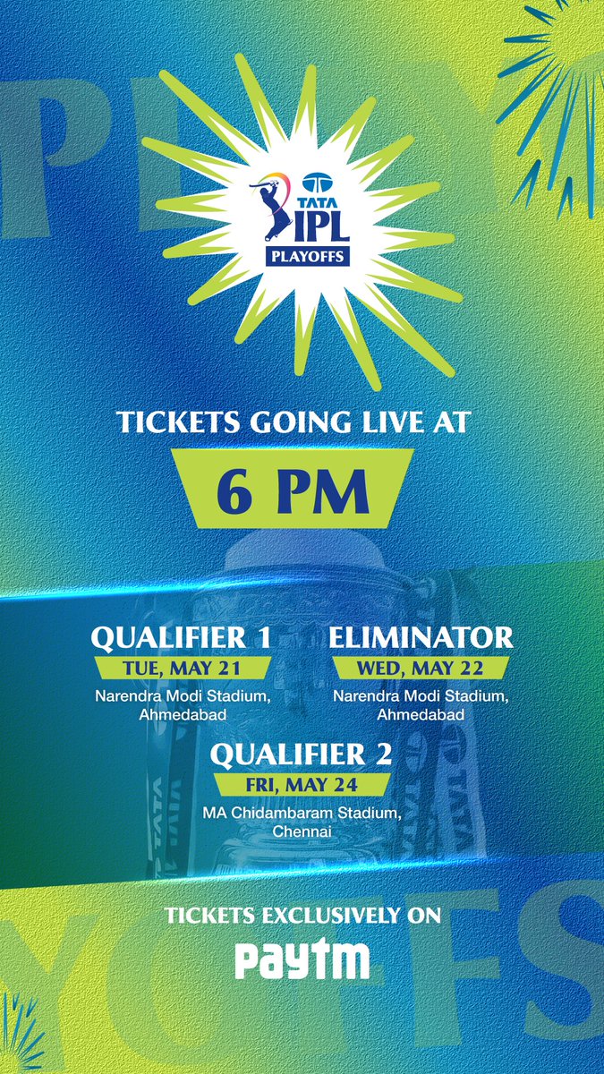Have you booked your tickets for the #TATAIPL Playoffs❓

An opportunity awaits for you to witness breathtaking performances from the stands 🏟️

🎟️ Tickets going LIVE today at 6 PM IST!

Tickets can be purchased from IPLT20.COM, Paytm App, Paytm Insider App and