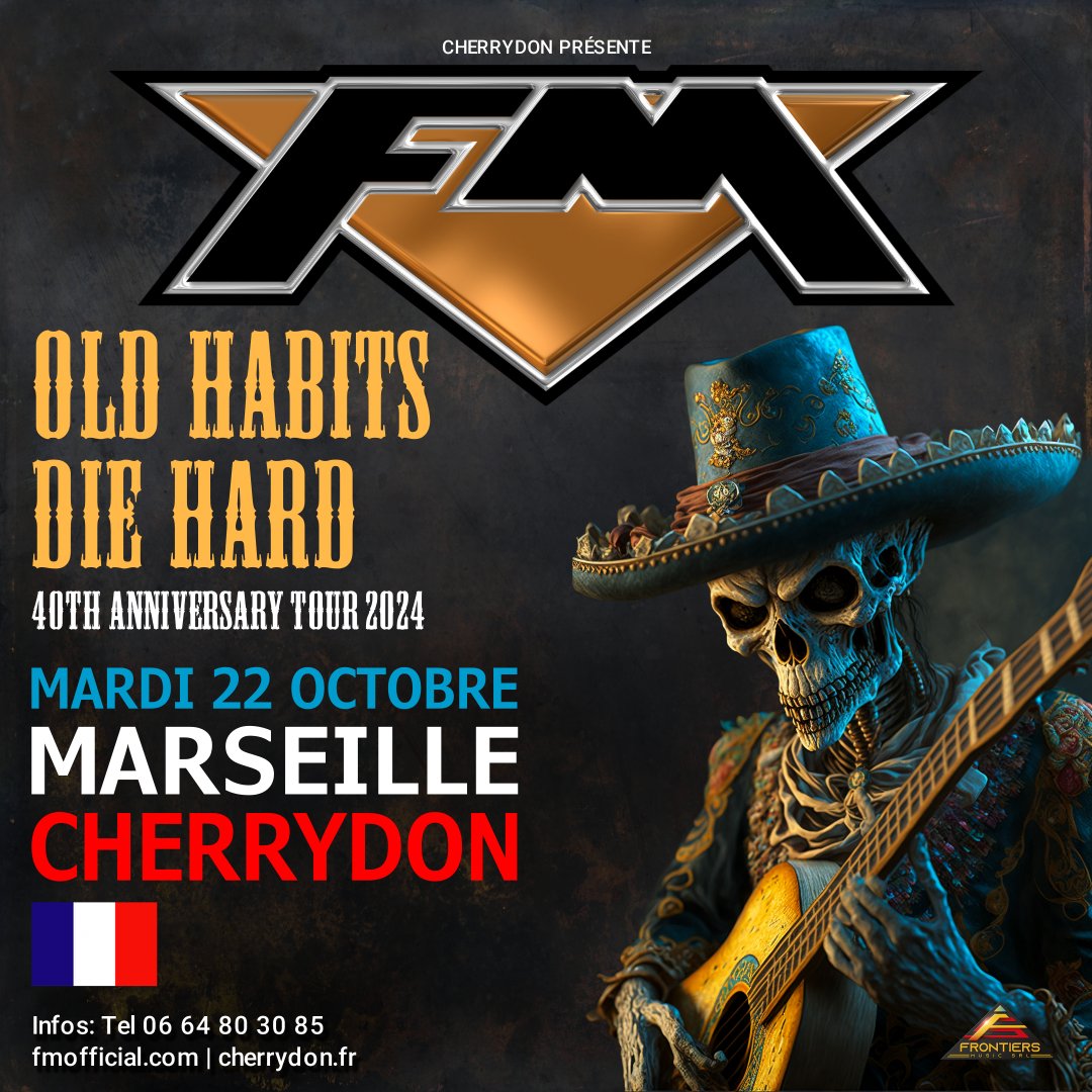 Bonjour à tous!
Another date in France for the diary... It's always a great night at #Cherrydon and we're looking forward to returning to #Marseille on Tuesday 22nd October.

Info and tickets: Tel. 06 64 80 30 85

#FMlive #oldhabitsdiehard #40thAnniversaryTour #ontour #livemusic