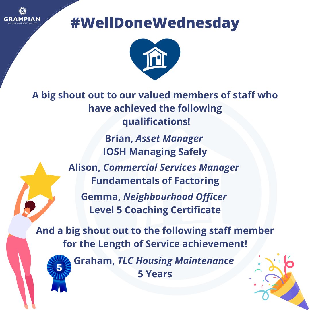 🎉 WELL DONE WEDNESDAY! 🎉 It's a #WellDoneWednesday to out valued members of staff for their recent achievements in gaining qualifications, and for their Length of Service. #GrampianHA #WDW #ValuedStaff #StaffLearning #LengthOfService