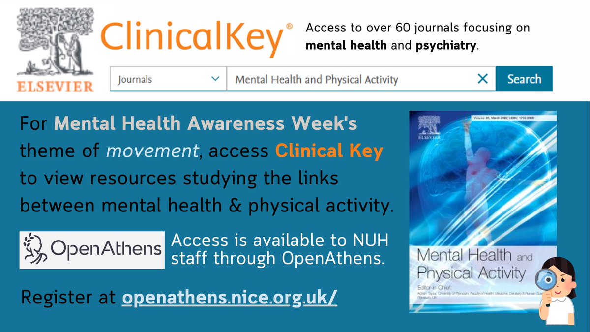 NUH Library Services (@nuhlibrary) on Twitter photo Today's resource for #MentalHealthAwarenessWeek focuses on this year's theme of #MomentsforMovement. Access <a href="/ClinicalKey/">Elsevier | ClinicalKey</a> with your NUH OpenAthens account to view resources dedicated to analysing the links between mental health & physical activity. π§ πΆββοΈ Today's resource for #MentalHealthAwarenessWeek focuses on this year's theme of #MomentsforMovement. Access <a href="/ClinicalKey/">Elsevier | ClinicalKey</a> with your NUH OpenAthens account to view resources dedicated to analysing the links between mental health & physical activity. π§ πΆββοΈ