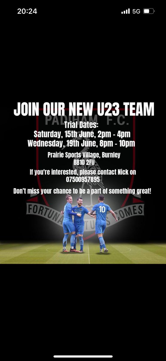 @Padiham_FC u23s are having 2 trial days, get in touch with name and 1 date you can attend, If you want to be part of this big chapter of the clubs development, RT away @eastlancs_fl @westlancsleague @mid_lancs @lancsamleague