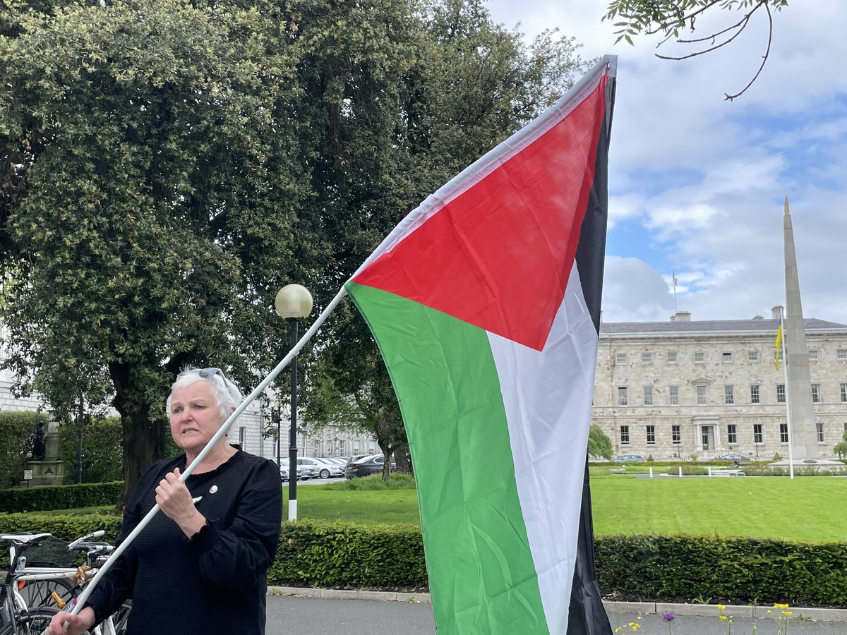 PBP TD Brid Smith flying the flag of Palestine on Nakba day. She said the “double standards are breathtaking” as the Oireachtas flies the Ukrainian flag. TD’s are not allowed to wave flags that are explicitly allowed by the Ceann Comhairle.