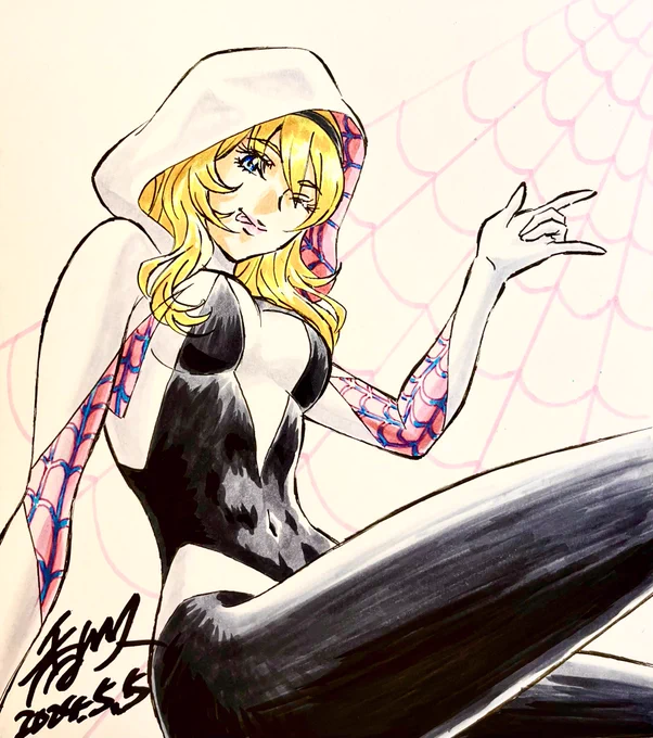 昨日小さいラフ絵を出してたコミッション絵のちゃんと描いたバージョン!両方スパイダーグウェンスキャンしたのをお裾分けに 