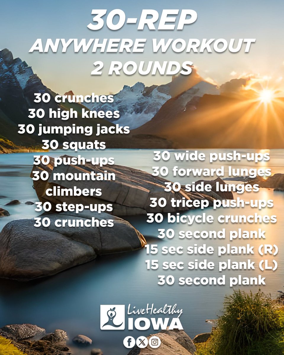 Embrace this #workoutWednesday no matter where you are! Beach vacay or mountaintop retreat, this workout fits all scenes! Let's do this together, for a healthier and fitter us! 💪🏃‍♀️🏞️🏖️

#LiveHealthyIowa #fitness #health #wellness