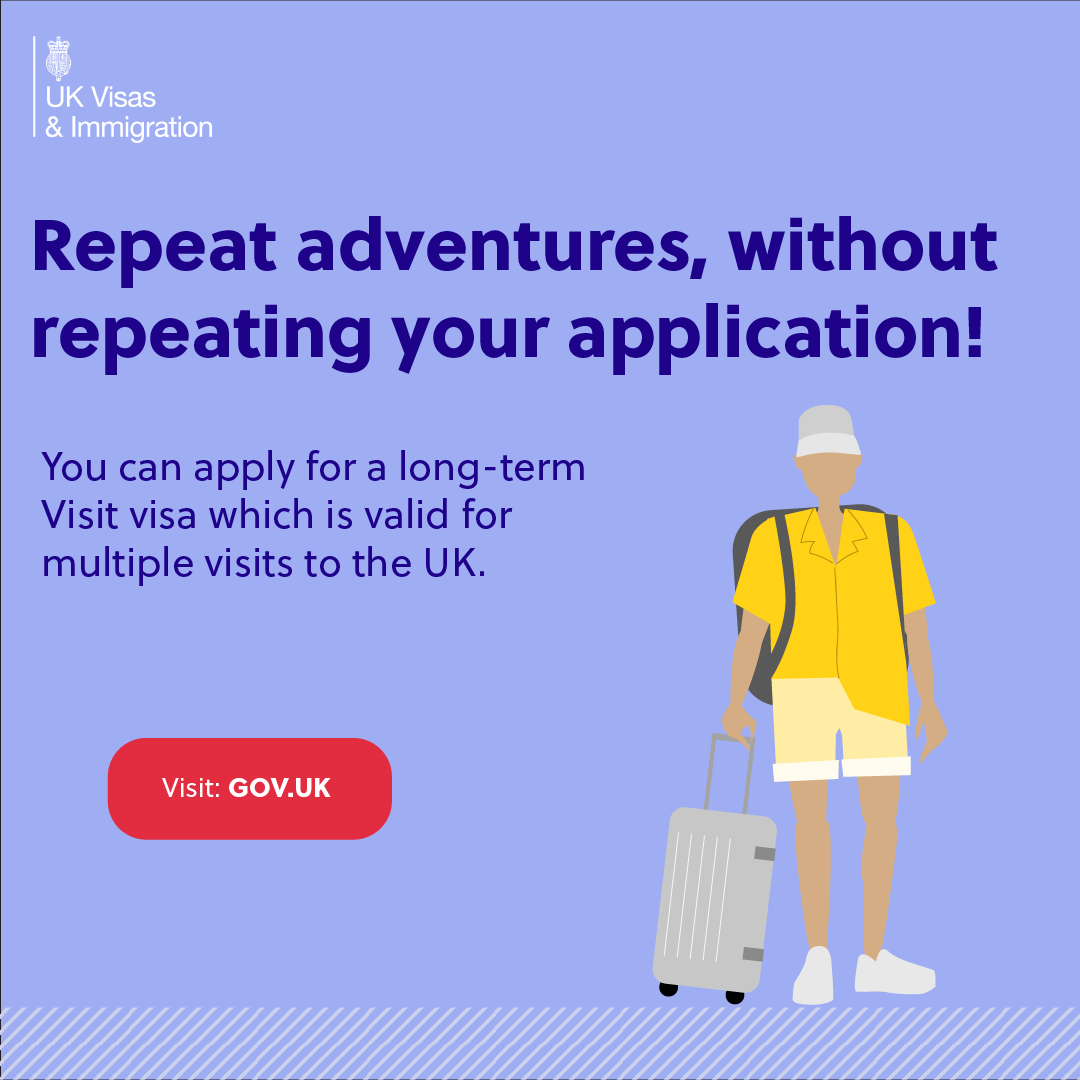 Repeat adventures, without repeating your application! You can apply for a UK long-term tourist visa. More info on your UK long-term visa at gov.uk/standard-visit… #UKVisitVisa