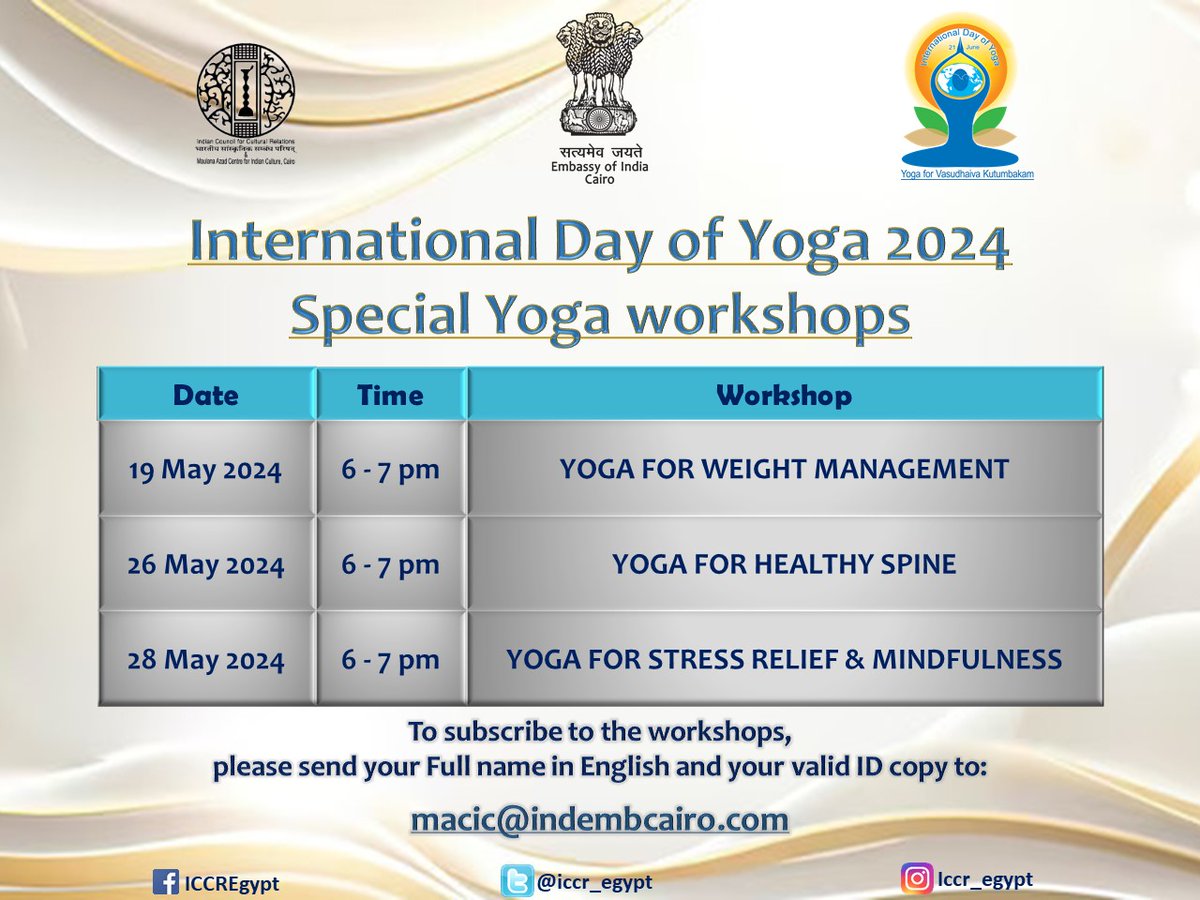 Countdown to the #InternationalDayofYoga 2024 celebrations 

Please join us @iccr_egypt for special Yoga workshops to promote the health benefits of practicing Yoga.

@iccr_hq
@indembcairo