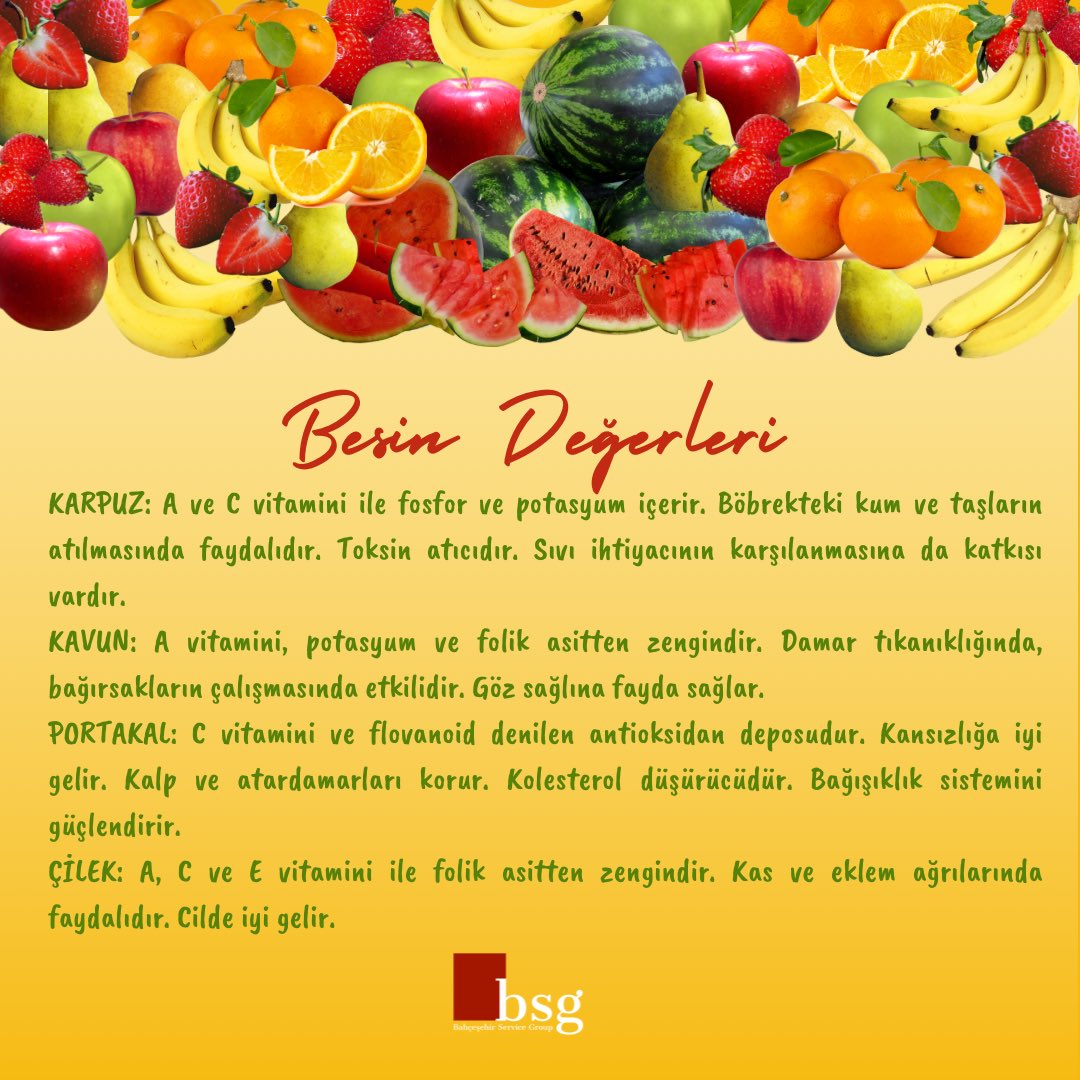 Bahçeşehir Service Group (@avrupabsg) on Twitter photo Haftada en az 2 gün olarak belirlediğimiz taze meyve öğünlerimiz ile öğrencilerimizin bağışıklığını destekliyor, gelişimleri için gerekli vitamin ve mineralleri almalarına katkı sağlıyoruz🍎🍊🍉🍓🍌
#bahçeşehirservicegroup
#bahçeşehirkoleji
<a href="/sedaozturk2834/">Seda Zeliha Öztürk</a> Haftada en az 2 gün olarak belirlediğimiz taze meyve öğünlerimiz ile öğrencilerimizin bağışıklığını destekliyor, gelişimleri için gerekli vitamin ve mineralleri almalarına katkı sağlıyoruz🍎🍊🍉🍓🍌
#bahçeşehirservicegroup
#bahçeşehirkoleji
<a href="/sedaozturk2834/">Seda Zeliha Öztürk</a>