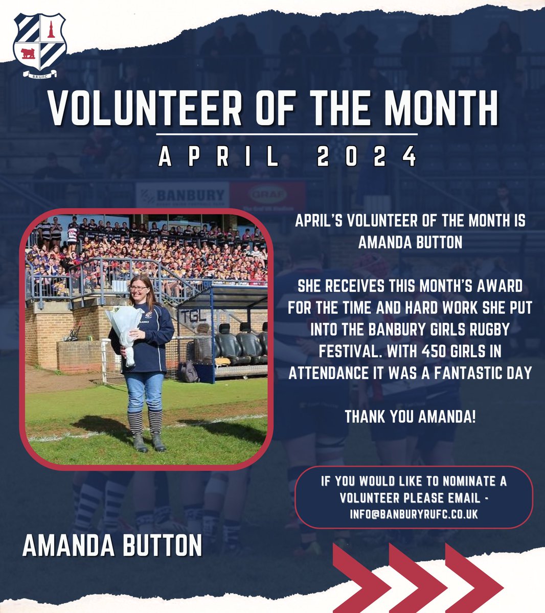 🐂 𝗩𝗢𝗟𝗨𝗡𝗧𝗘𝗘𝗥 𝗢𝗙 𝗧𝗛𝗘 𝗠𝗢𝗡𝗧𝗛 | 𝗔𝗣𝗥𝗜𝗟 🐂 April’s Volunteer of the Month is Amanda Button Thank You Amanda! If you would like to nominate a volunteer please email - info@banburyrufc.co.uk banburyrufc.com/news/volunteer… #BanburyRUFC #VolunteerOfTheMonth #Rugby